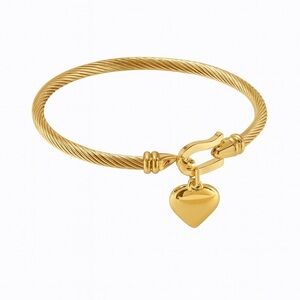 Anthropologie Polished Gold Twisted Cable Bracelet with Heart Charm Drop